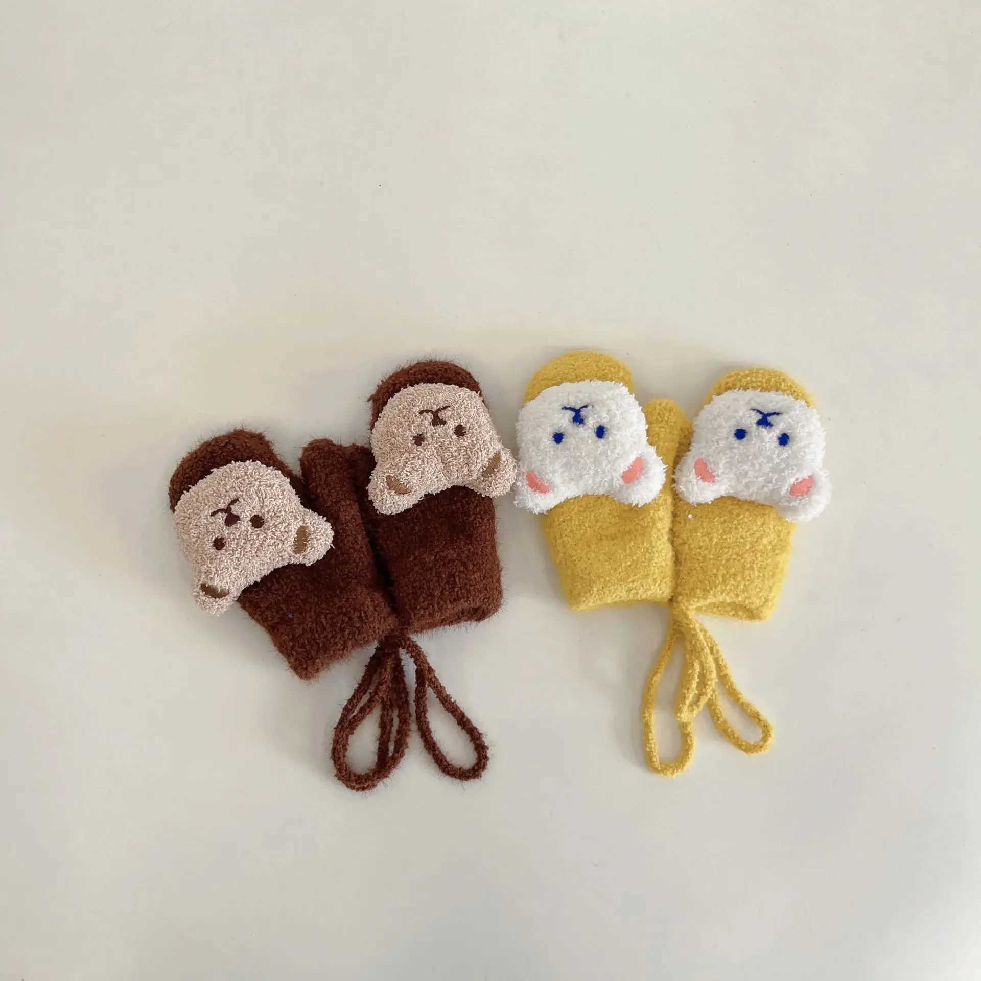 14Y Cartoon Bear Baby Mittens Winter Warm Kids Baby Girl Gloves Knitted Children Toddler Thick Teething Mitten Handschoen Y251024