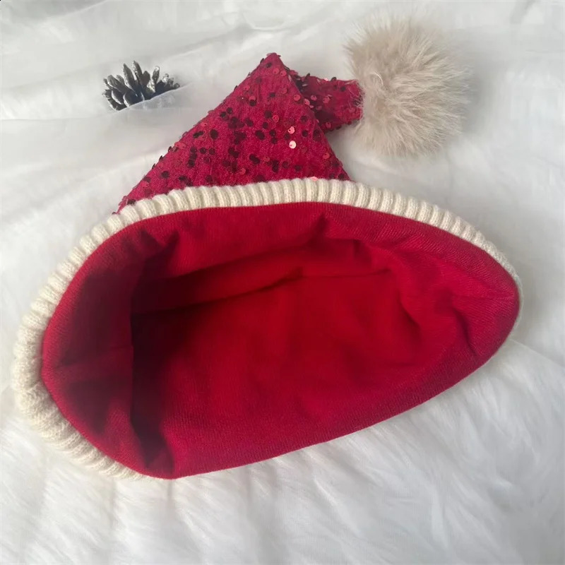 Santa Hat Christmas Hats Xmas Party Hat Red Glitter Knitted Beanie Hat For Adult Women Men Year Decor Party Supplies 251023