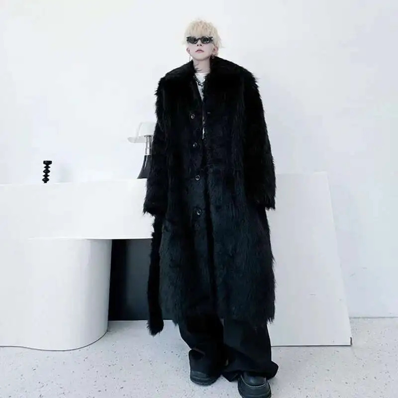 PNW Belt Single Breasted Thickened Winter Long Faux Fur Coat For Men Black White Fashion n Loose Cottonpadded 9C8121 251016
