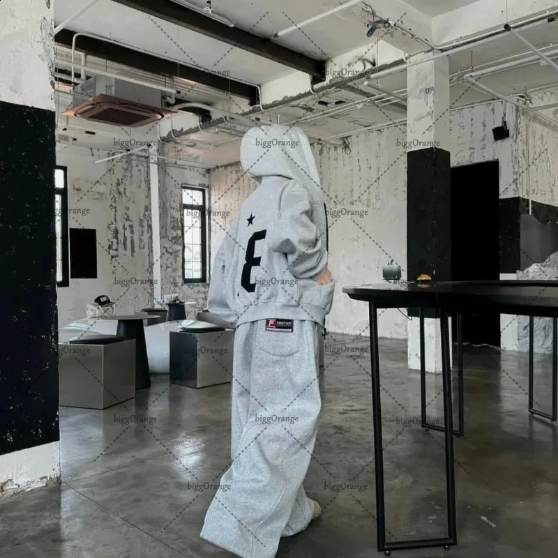 European and American Winter Loose Zipper Hoodie Pants Suit Men Y2k Gothic Punk Retro Oversized Sweatshirt Casual Pant 251018