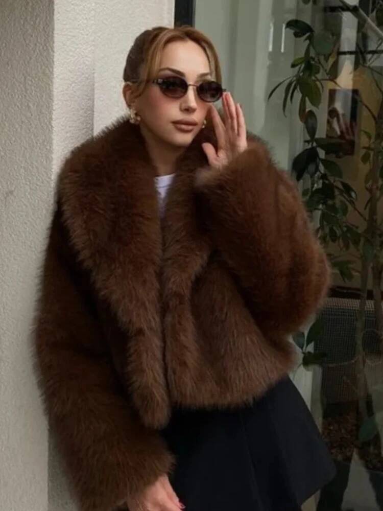 Women's Retro Warm Faux Fur Jacket Thicken Lapel Long Sleeve Hidden Button Casual Loose Soft Crop Outwear Winter Chic Coat dongdumaoyi