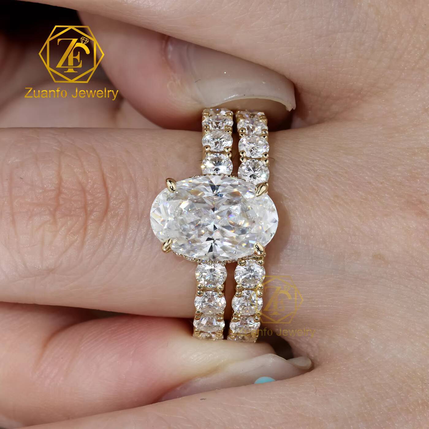 Custom 925 Silver 10K 14K 18K Solid Gold Oval Moissanite Wedding Ring Set Claw Setting Full Eternity Band Couple Ring