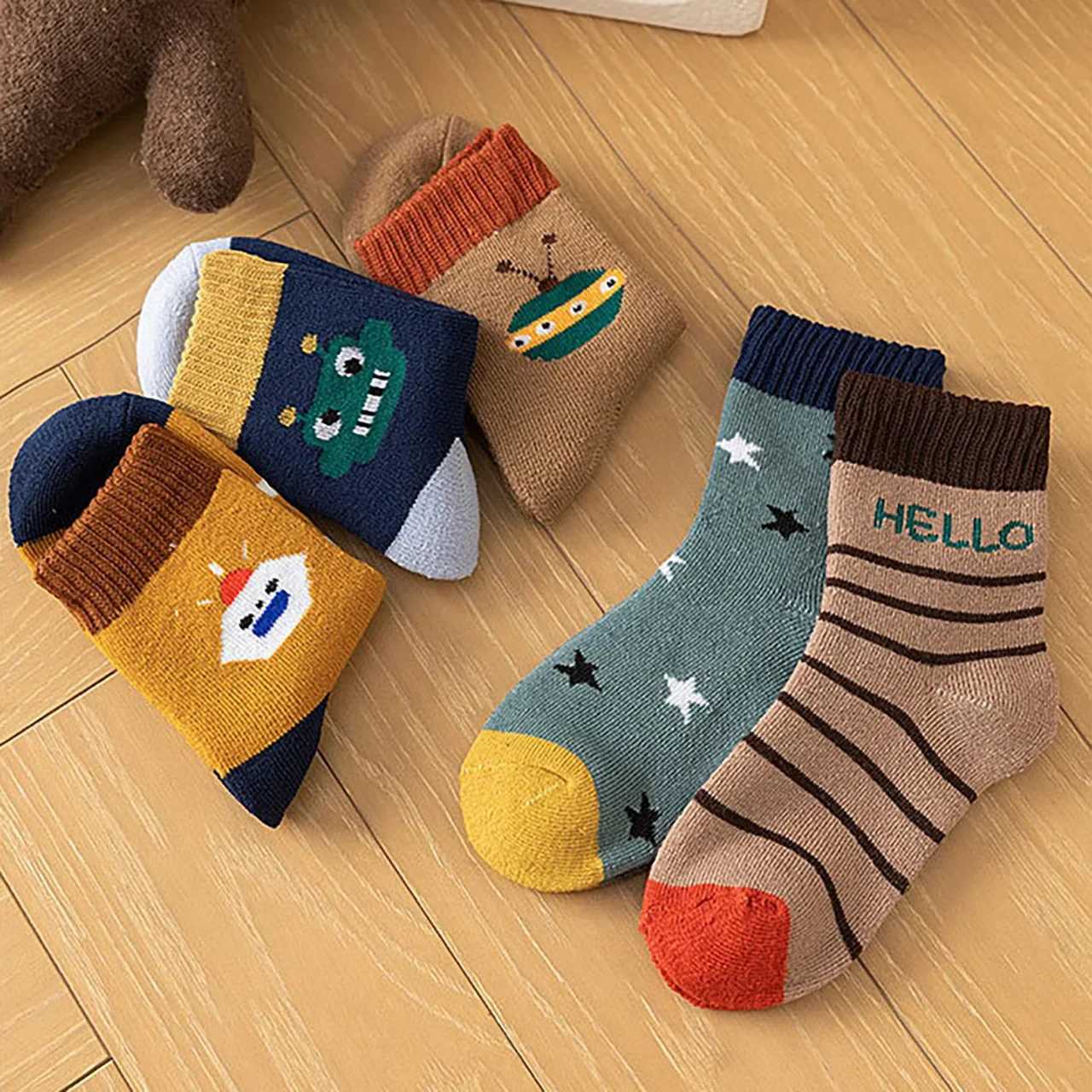 5PairsSet Cartoon Baby Boy Socks Winter Thick Warm Terry Sock Cute Striped Print Children Mid Tube Socks J251024