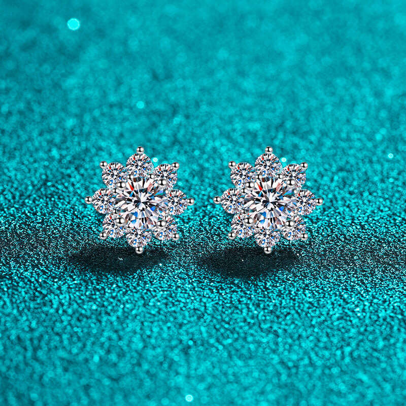 DHCollections-- Sterling Sier Snowflake for Women Moissanite Earrings Plated with PT950 Gold Jewelry