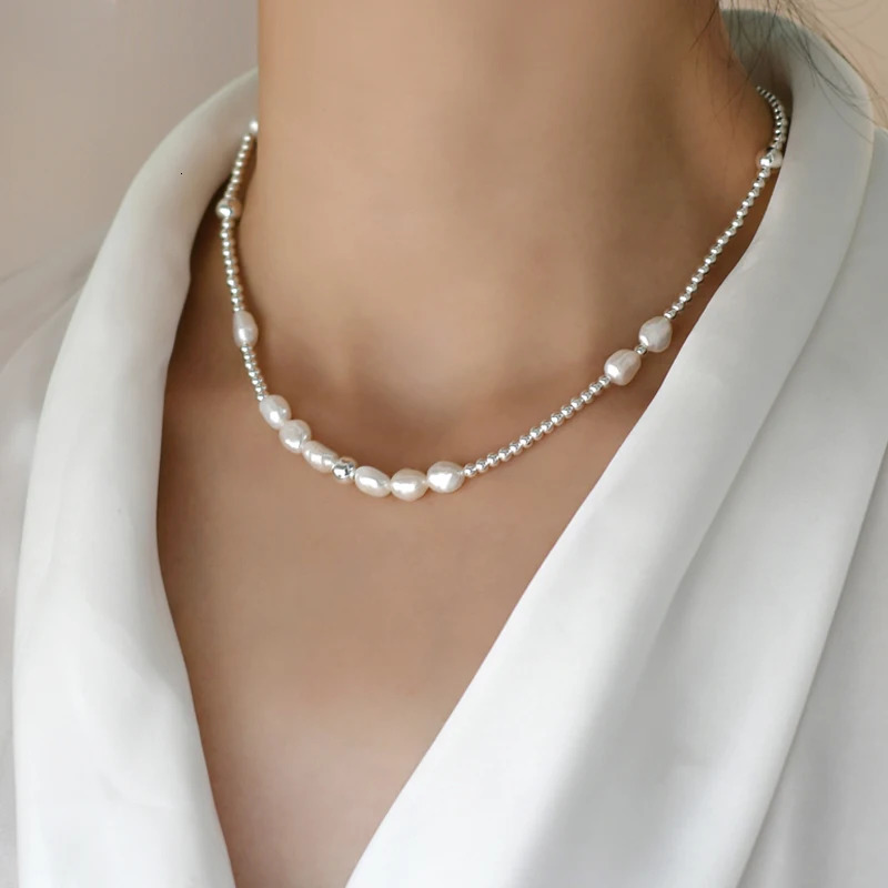 ASHIQI Natural Baroque Pearl Choker Necklace 925 Sterling Silver Jewelry for Women Trend 251016