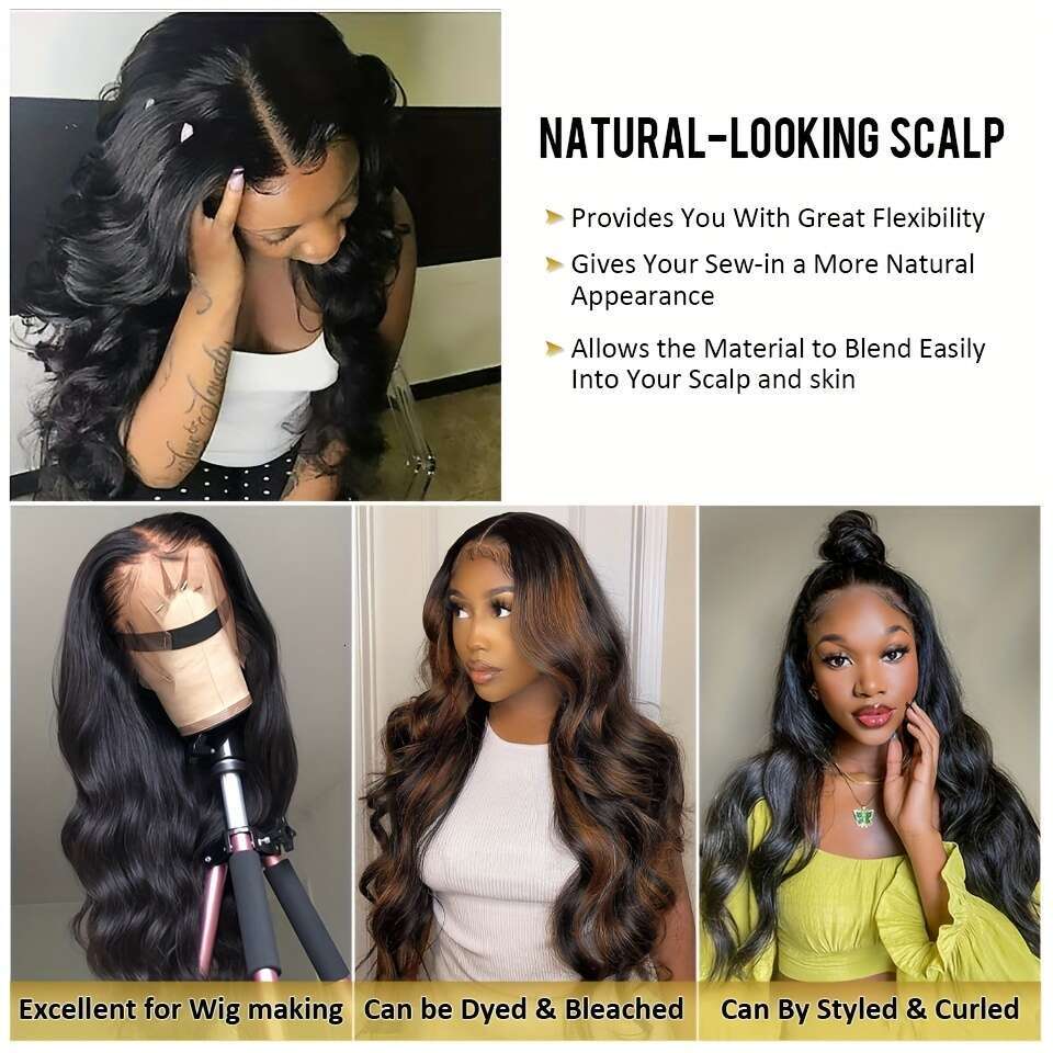 Human - Unprocessed Virgin Hair 180% Density Natural Body Wave Texture, Breathable Base with 13x4 HD Lace Frontal Pre-Plucked Hairline Seamless Blend,