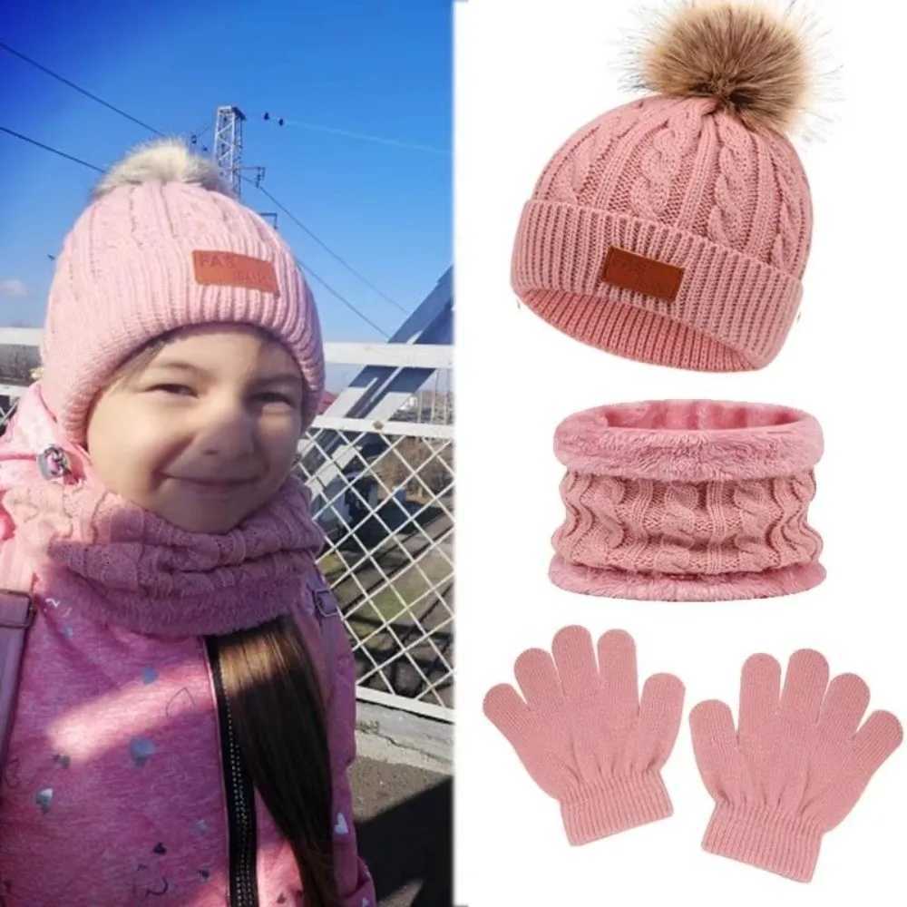 3pcsset Solid Color Baby Hat Scarf Gloves Set Cute Pompom Warmer Knitted Hats Comfortable Kids Hat Set Autumn WinterL251024