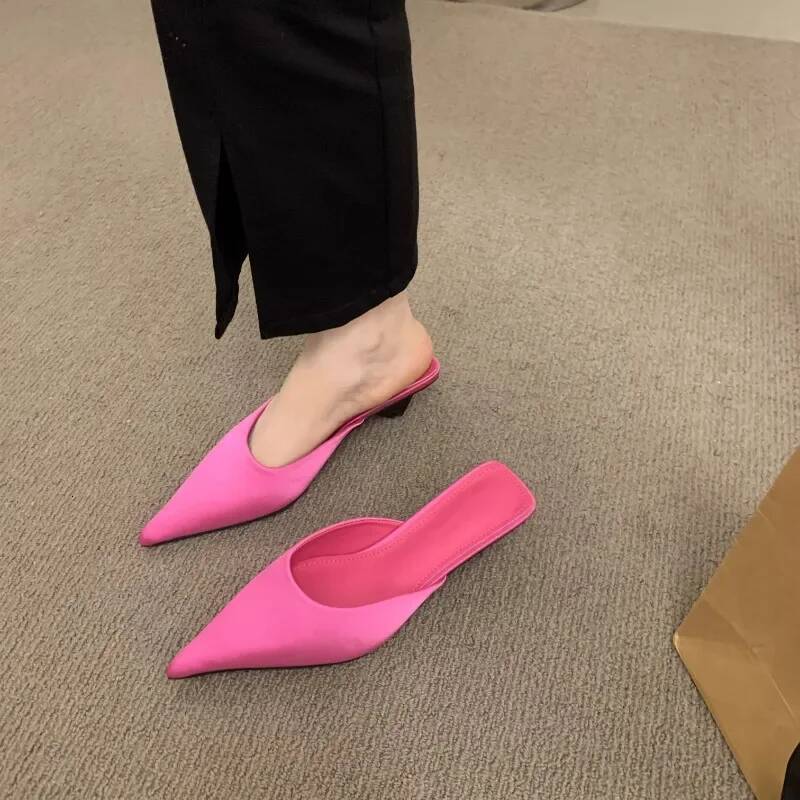 2024 Spring Pointed Toe Women Mules Slipper Fashion Candy Color Ladies Elegant Dress Sandal Square Low Heel Slip on Slides Shoes ddmypanda