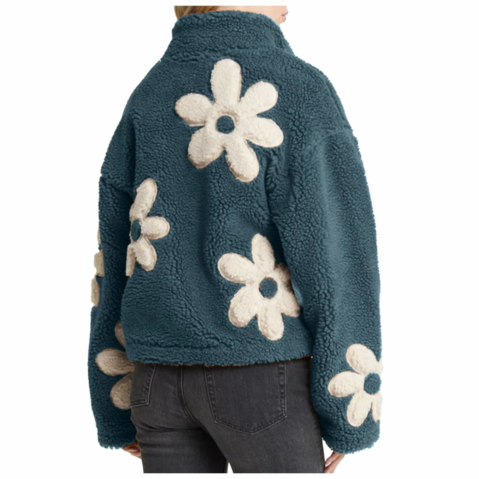 Womens Casual Floral Fleece Jackets Winter Zipper Cropped Plush Coat Female Long Sleeve Lamb Wool Outwears With Pocket Chaquetas 251021