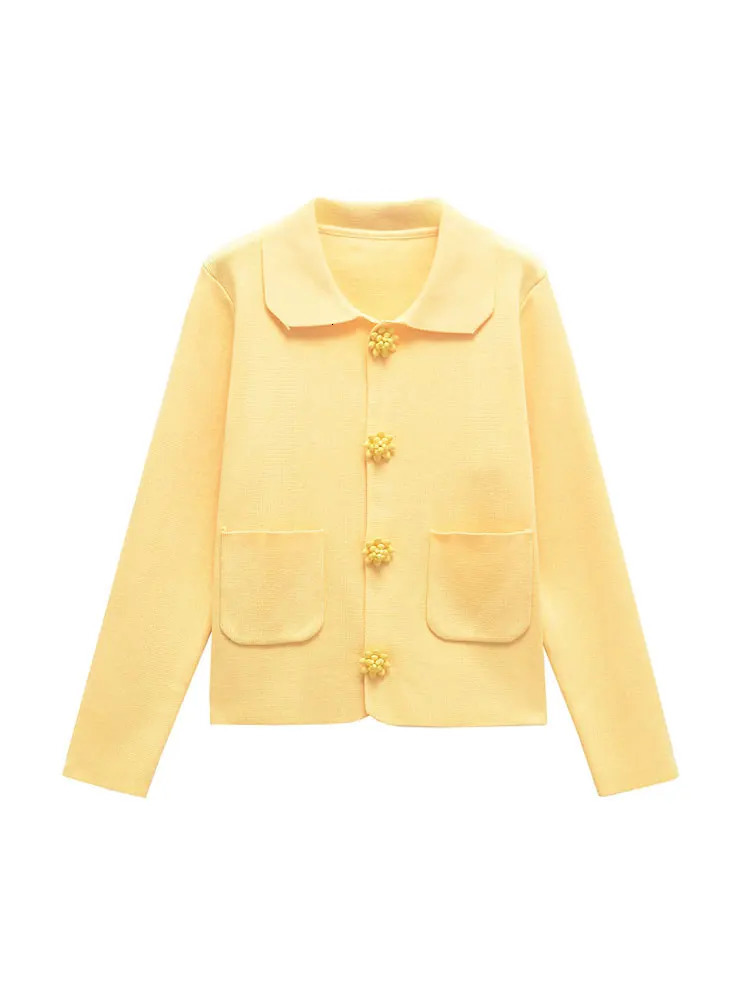 Women Fashion With Beaded Buttons Knit Cardigan Sweater Long Sleeve Patch Pockets Female Outerwear Chic Tops 251013