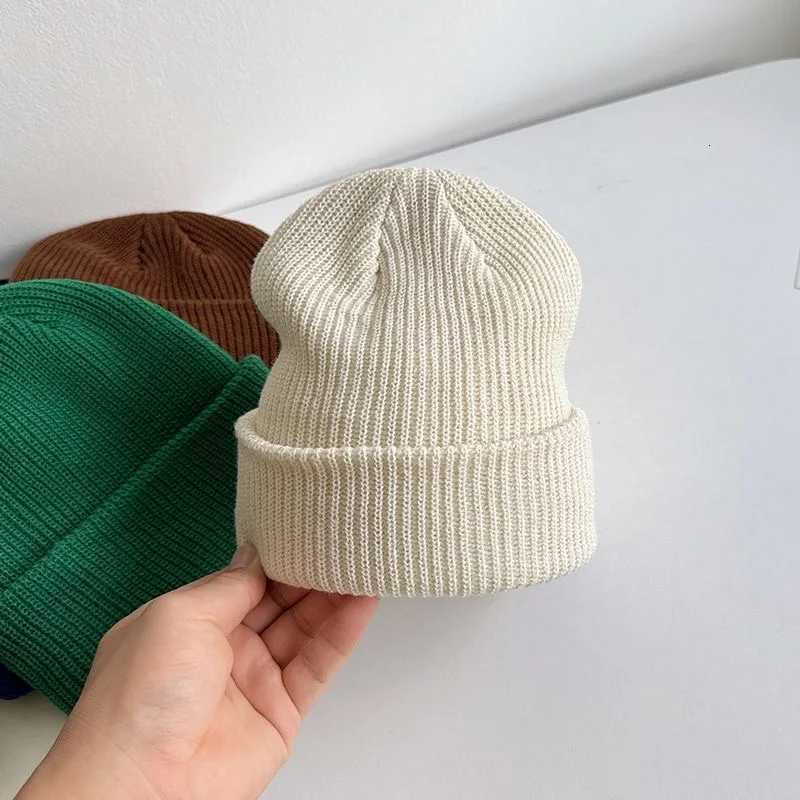 Childrens woolen hat spring and autumn knitted pullover hat boys and girls warm fashion solid colour earmuff baby winterL251024