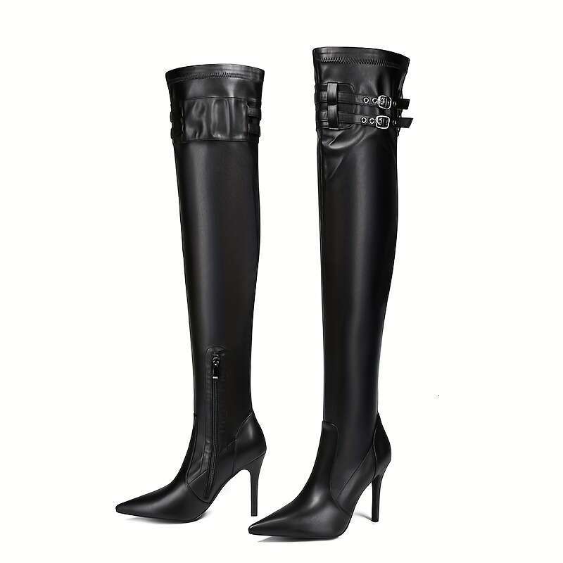 1Pr Women's Solid Color Knee-High Boots - Pointed Toe, Stiletto Heel, Zipper Closure, Faux Upper, Fabric Lining, Man-Made Insole & Sole