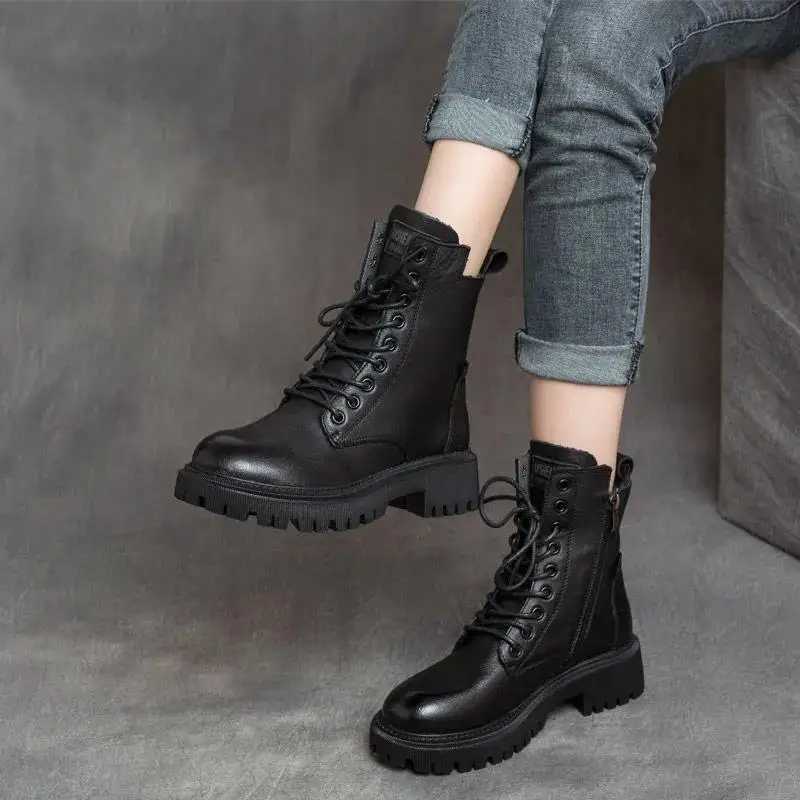 2025 Genuine Leather Womens Boots Velvet Autumn Winter Thick Heel Cowhide Shoes Handmade Retro Platform Booties W251024