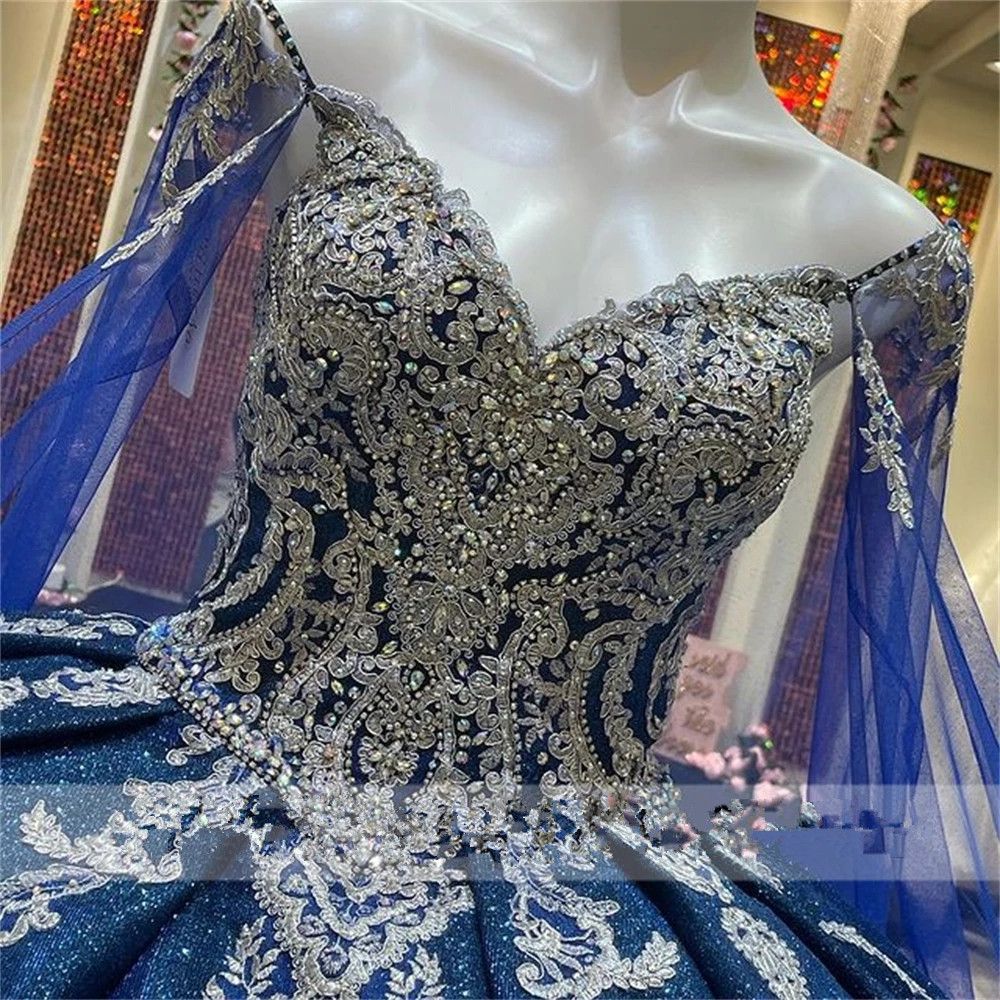 Glitter Royal Blue Court Train Quinceanera Dresses Ball Gown Formal Prom Graduation Gowns With Cape Princess Sweet 15 16 Dress O24