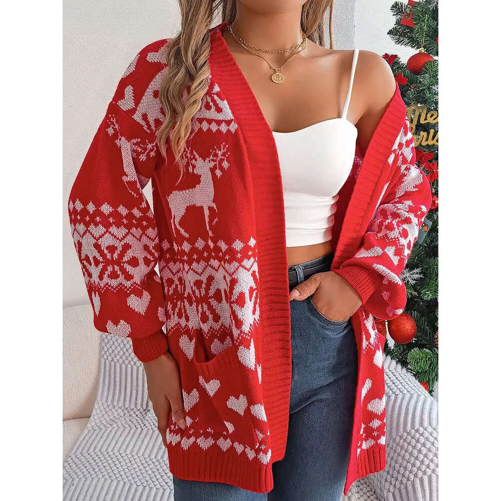 2025 Autumn Print Christmas Sweater Winter Women Casual Cardigan Lady Loose Long Sleeve Knitted Coat Outwears