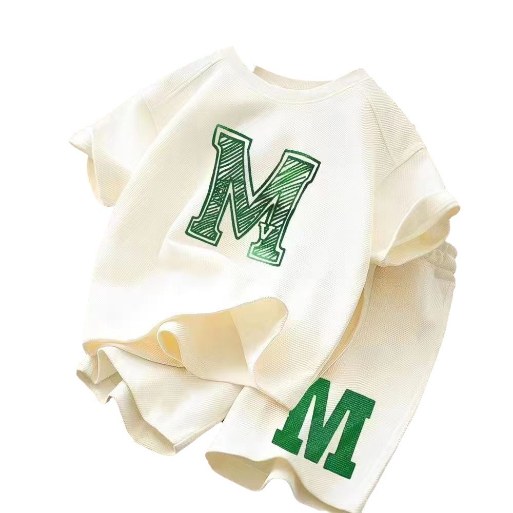 Free Shipping Boys Short Sleeve Set 2025, Loose Fit Comfortable and Breathable Summer Outfit, Fashion Printed Casual Two-Piece