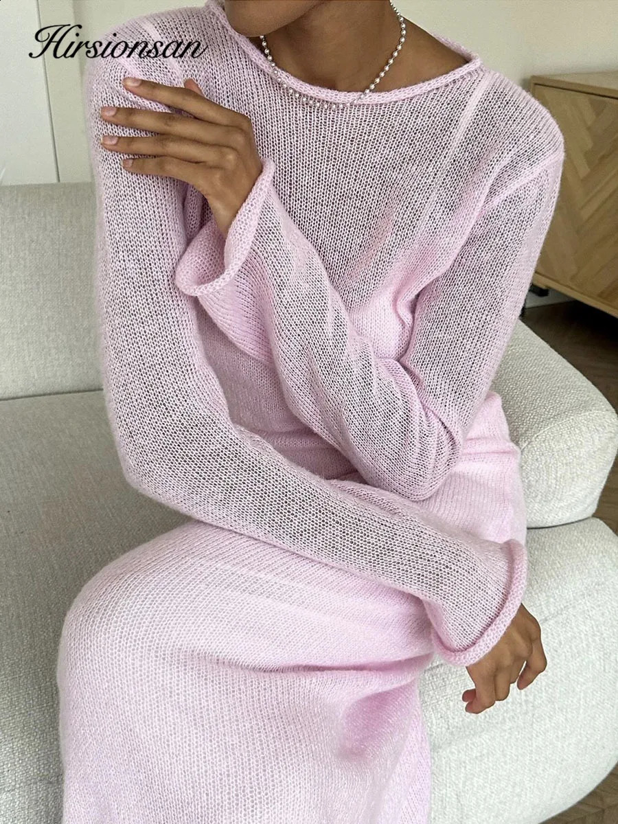 Hirsionsan Spring Autumn ONeck Elastic Knit Long Dresses Women Elegant Chic Soft Lady Hollowing Sweater Dresses Femme 251023