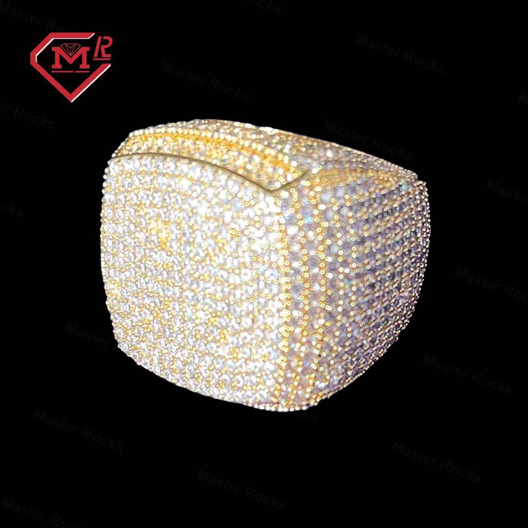 Fully Iced Out Sterling Silver 925 Rings With Moissanite Prong Setting Cushion Design Vvs Diamond Hip Hop Ring Moissanite