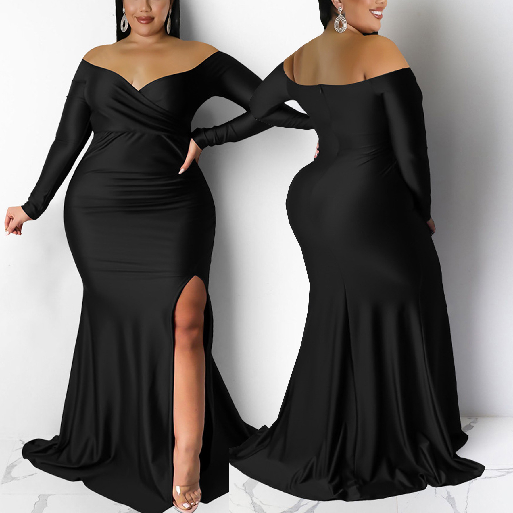 European and American designer plus size women's sexy dress nightclub V-neck formal solid color slit long skirt autumn and winter