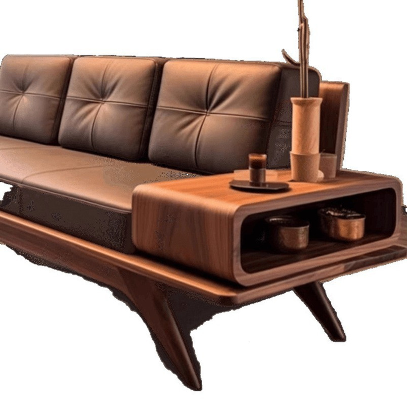 New Chinese Style Black Walnut Living Room High-End Solid Wood Genuine Leather Three-Seater Small Apartment Straight Row Sofa