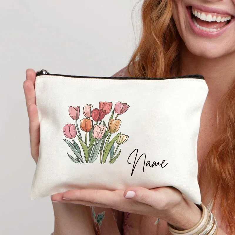 Tulip Flowers Customized Name Cosmetic Bag Wedding Bride Bridesmaid Lipstick Pouch Travel Storage Makeup Bags Personalized GiftT251024