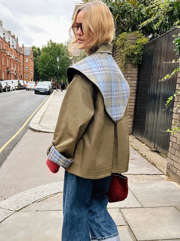 Vintage Plaid Embroidery Reversible Trench Coat Women Single Breasted Pocket Long Sleeve Jacket Autumn Lady Streetwear 251021