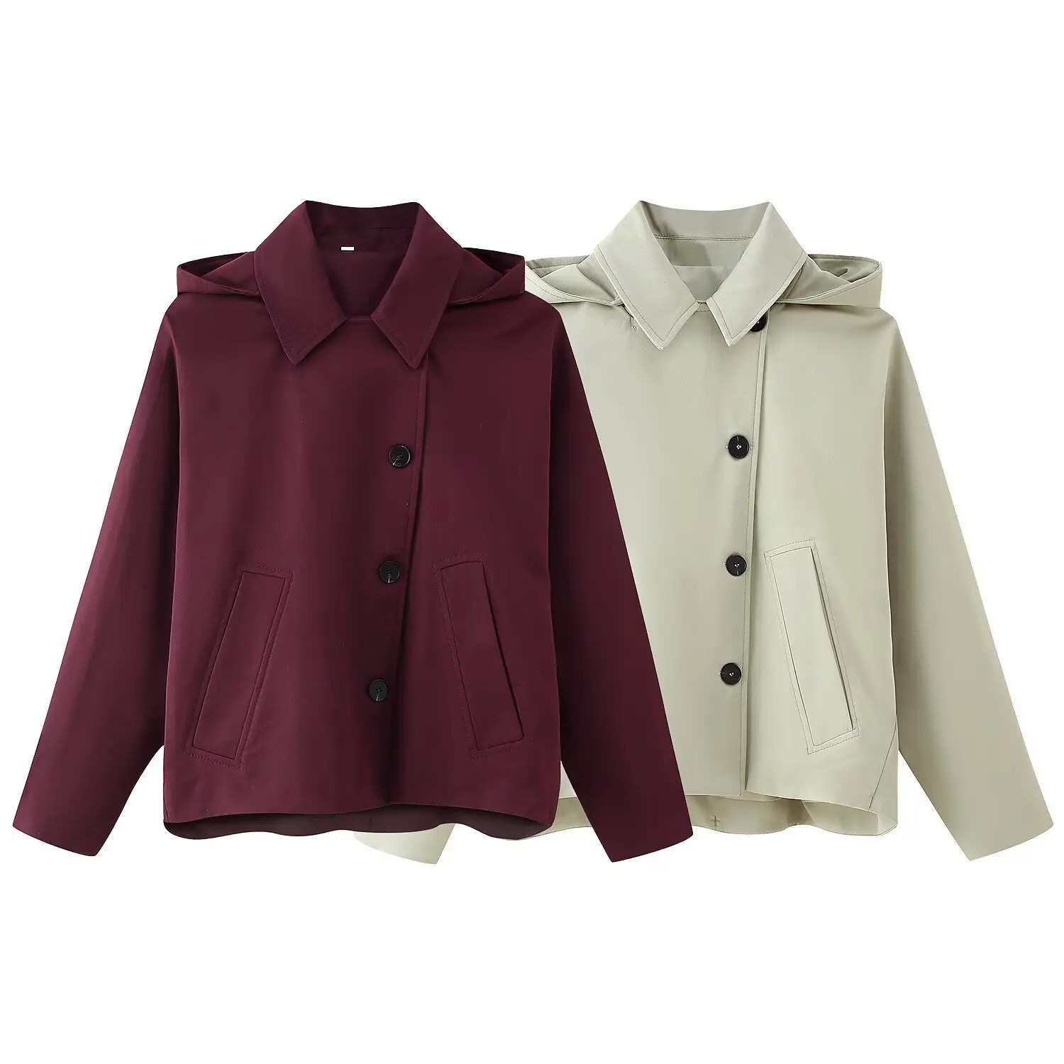 Spring womens versatile lapel singlebreasted long sleeve pocket hooded windbreaker jacket 251021