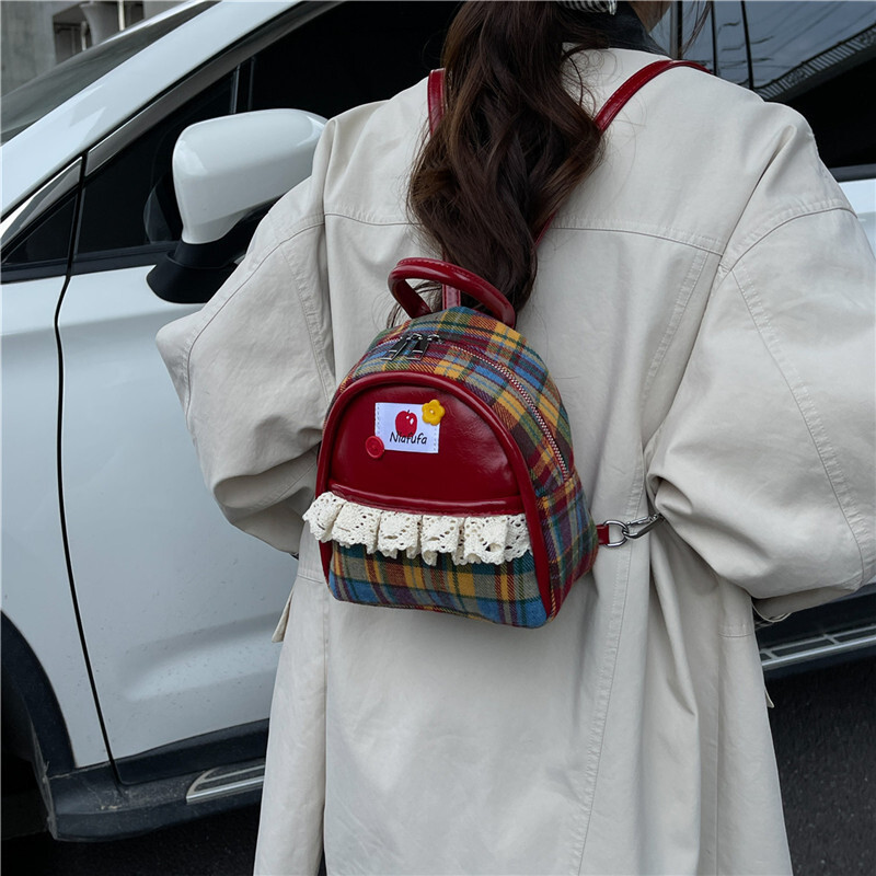 New designer women's bag English style checkered backpack cute lace color blocked girl parent-child PU small backpack