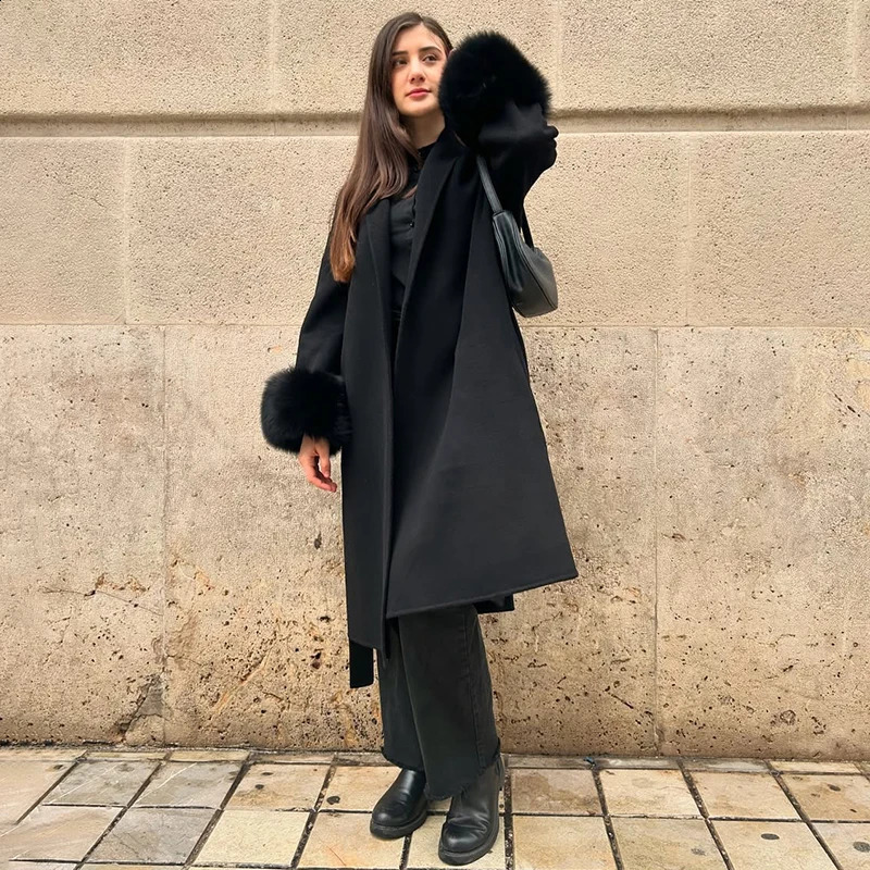 TARUXY Fur Woolen Long Coats Office Lady Removable Elegant Coat Doublesided Wool Overcoat 2025 Cardigan Jacket 251016