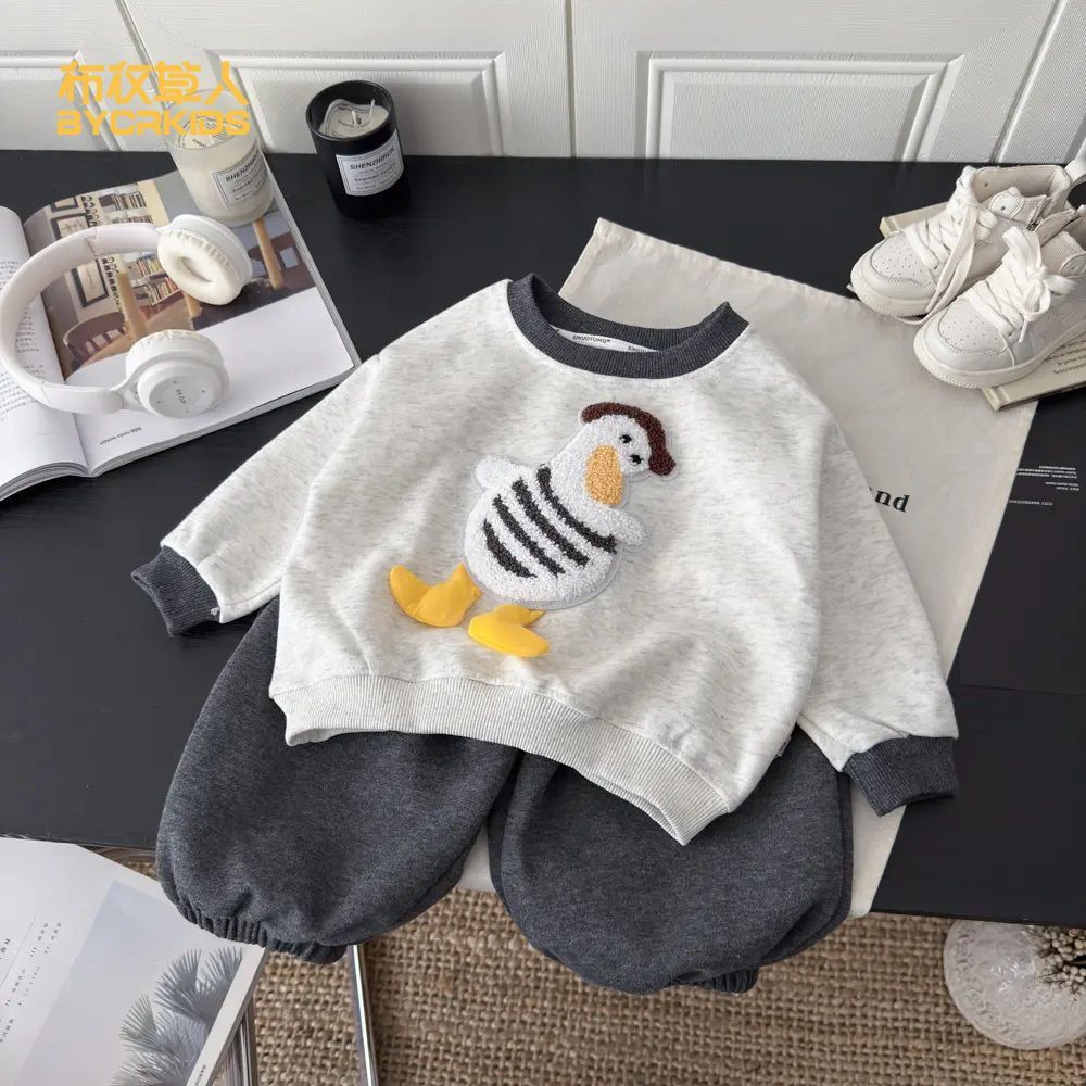 2025 Free Shipping Kids Duck Plush Set 2-Piece, Cute Animal Print Long Sleeve Top and Pants, Cotton Spring Autumn Outfit