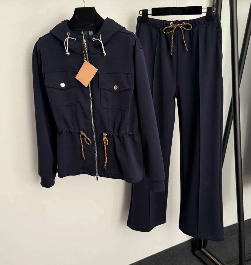Women suit 2pcs designer chest pocket embroidered patch drawstring waistband long sleeved hooded zipper jacket elastic waist casual pants set C260312