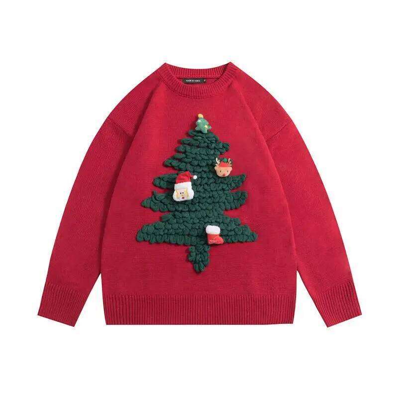 Women Clothing Fashion All-Match Christmas Tree Knit Sweaters Autumn Casual Loose O-Neck Long Sleeve Pullovers Elegant Chic Tops