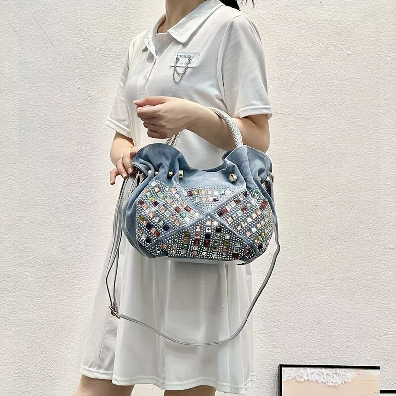 1 Women's Mini - Retro Inlaid Pleated Design, Adjustable Crossbody Shoulder Strap, Polyester, Light Blue/Blue Zipper Closure Handbag, Suitable Fo