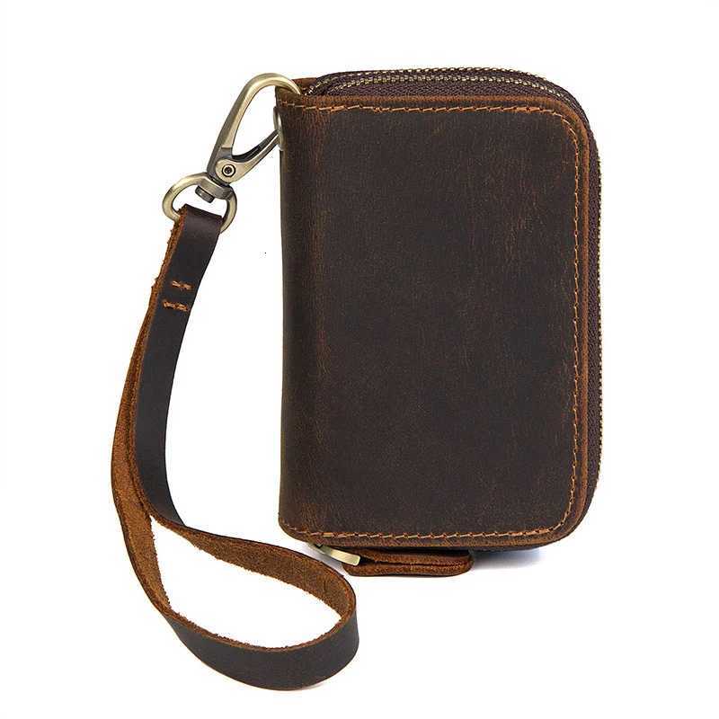 Double Zipper Crazy Horse Leather Retro Card Case Top Cowhide Coin Purse Car Key Keychain Holder with Hand Strap Clutch Bag Z251023