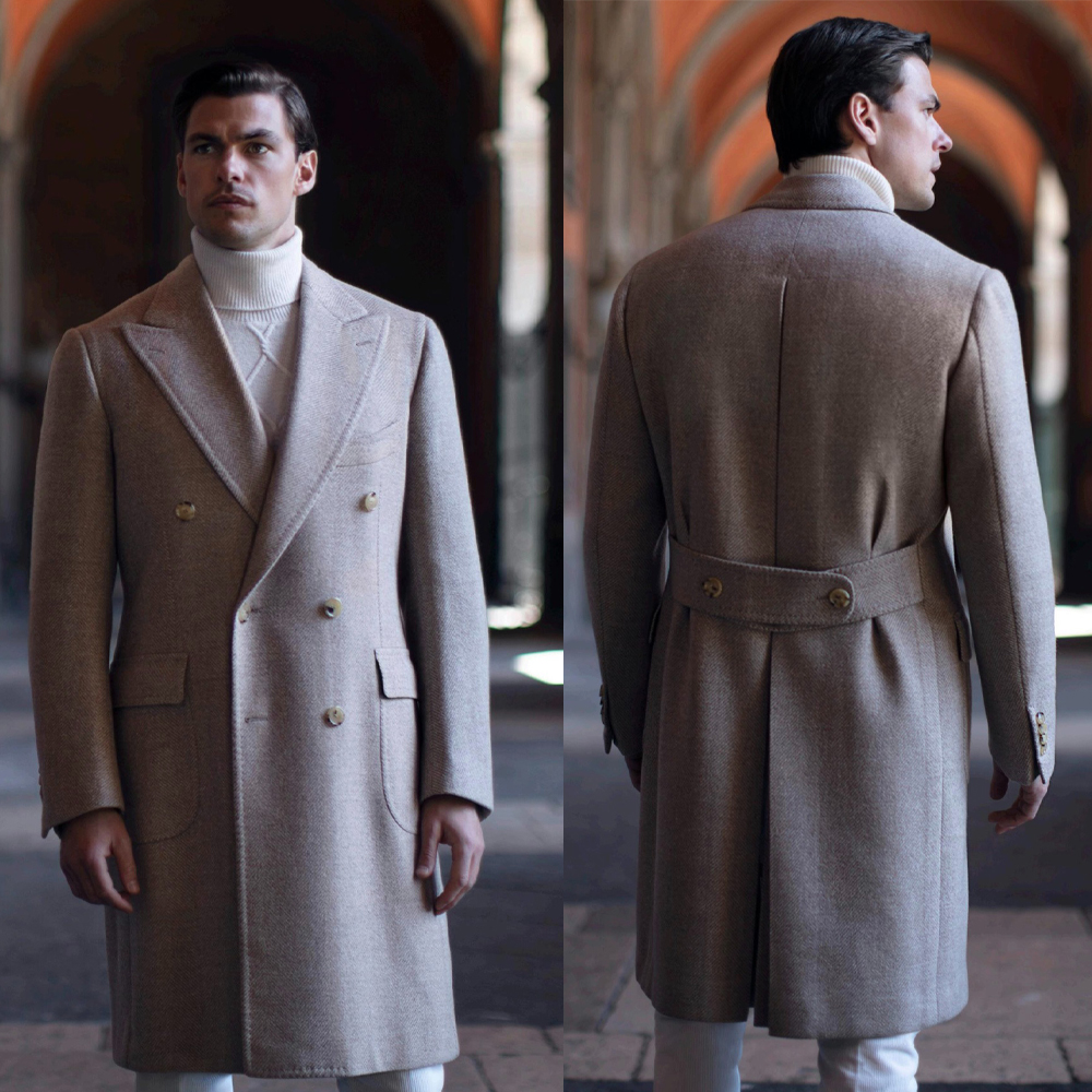 Soft Woolen Mens Long Coat Peaked Lapel Double Breasted Business Loose Fit One Piece customized