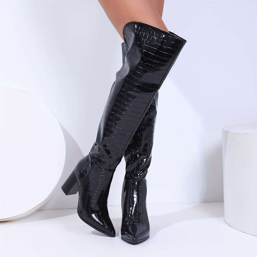 Chic & Trendy Women's Pointed Toe Crocodile Print High Heel - Chunky Heel, Synthetic Cover, Zip Closure, All-Season Dress Footwear, Black Design 