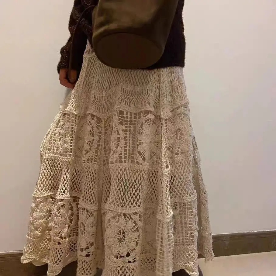 2025 Crochet Long Semi Skirt Women Lace Version of Gentle Heavy Industry Retro Hollow Elastic Knitted Ashaped 251013