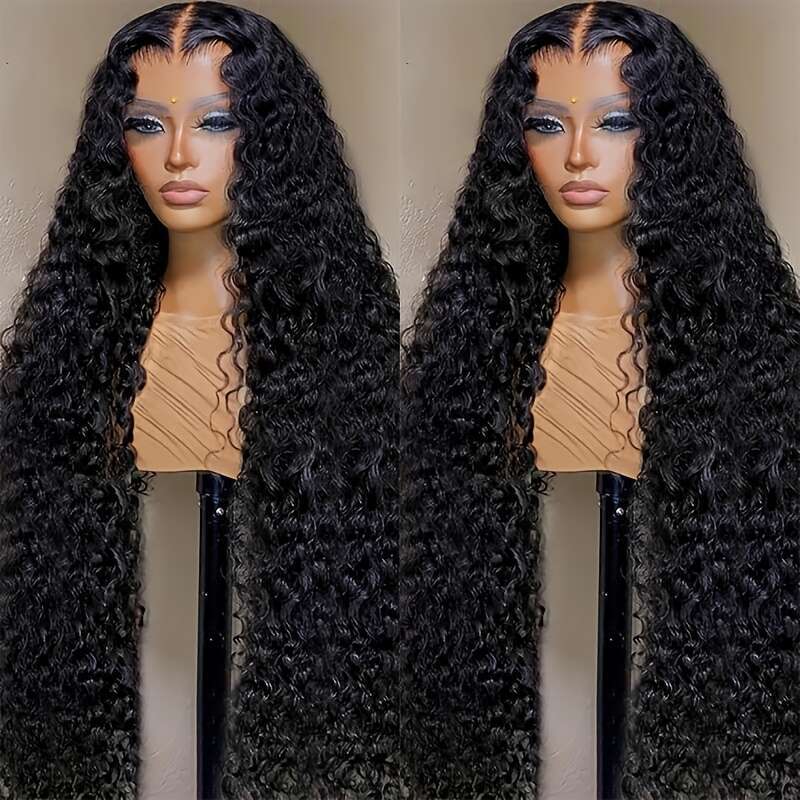ESTILAR Deep Front Water Wave Curly Natural Black 13X4 HD Lace Frontal Wig Full And Thick Human Hair Wigs for Halloween Christmas Festivals