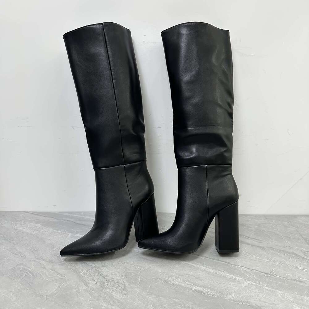 Women's Black Pointed Toe Chunky Knee-High Boots - Slip-On Faux Cover Party & Evening Gown With Ankle Strap, Ultra-High Heel For Winter Events, F