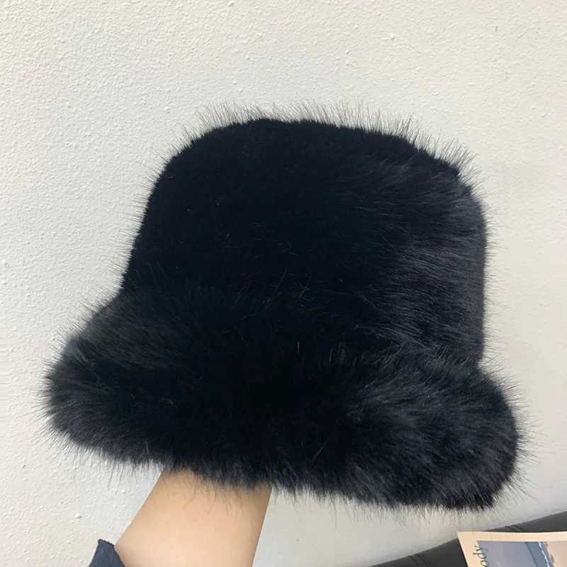 2024 Fluffy Faux Fur Bucket Hats Women Rabbit Fur Warm Thick Plush Winter Hat Lady Fashion Luxury Panama Furry Fisherman Cap Y2kL251024