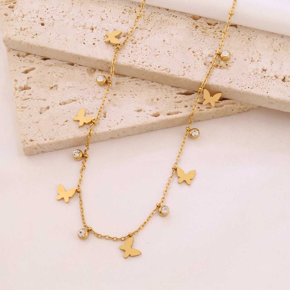 316L Stainl Steel Butterfly Tassel Pendant Necklace For Women Fashion Gold Color Zircon Charms Chain Necklaces JewelryXJ251024