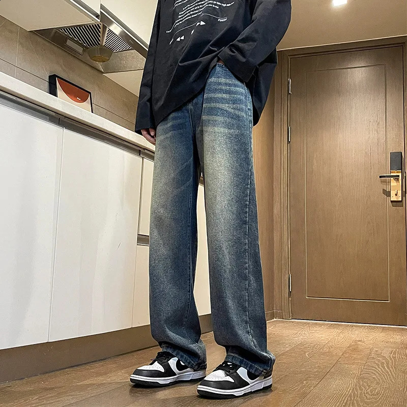 retro blue jeans mens straight leg loose autumn spring pants trendy cool American high street wide 251018