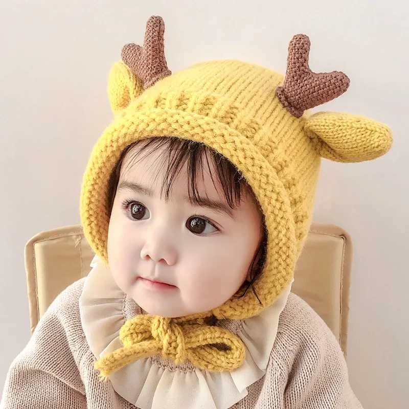 Cute Antler Baby Knitted Woolen Hat Winter Warm Infant Ear Protection Cap Cartoon Toddler Beanie 524M Kids Tie Headgear BonnetL251024