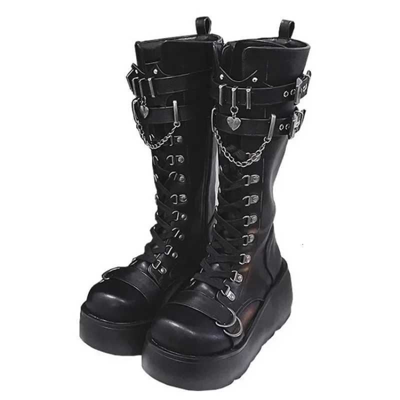 Motorcycle Boots Platform Boots for Women Wedges Knee High Black Lace Up Fashion Goth Gothic Boots Punk Shoes Girls Winter W251024