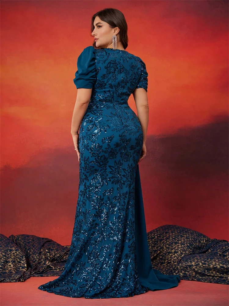 XUIBOL Plus Size Elegant Vneck Sequins Evening Dress Women Short Sleeves Mermaid Formal Party Streamer Prom Dress 251023