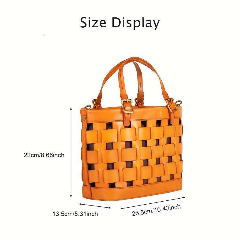 Brown Vintage Style Genuine Leather Woven Handbag For Women With Golden Accents, Zipper Closure, Polyester Lined, Shoulder & Handba