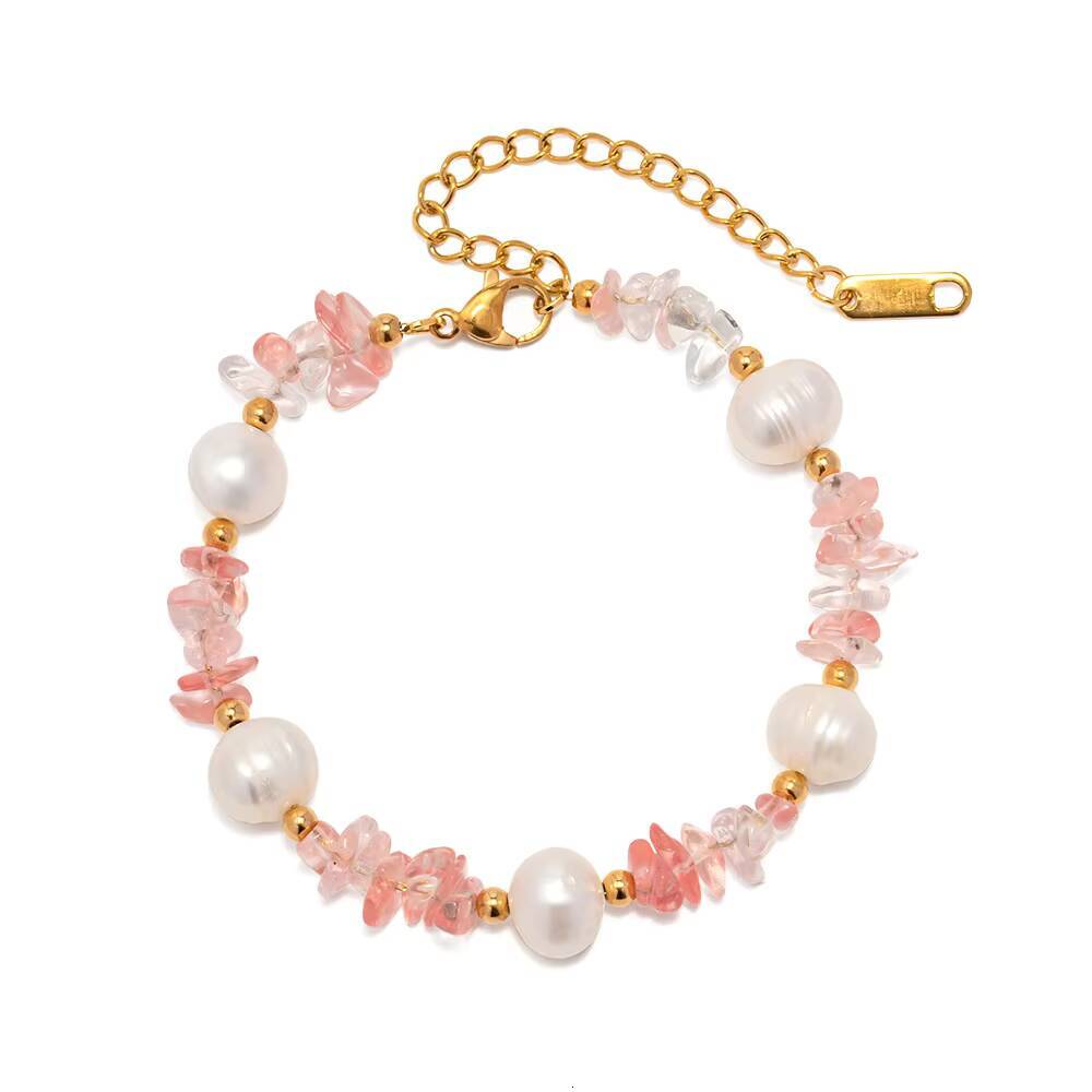 High Quality Vintage Necklace Natural Pink Gravel Freshwater Pearl 18k Gold Stainless Steel Bracelet