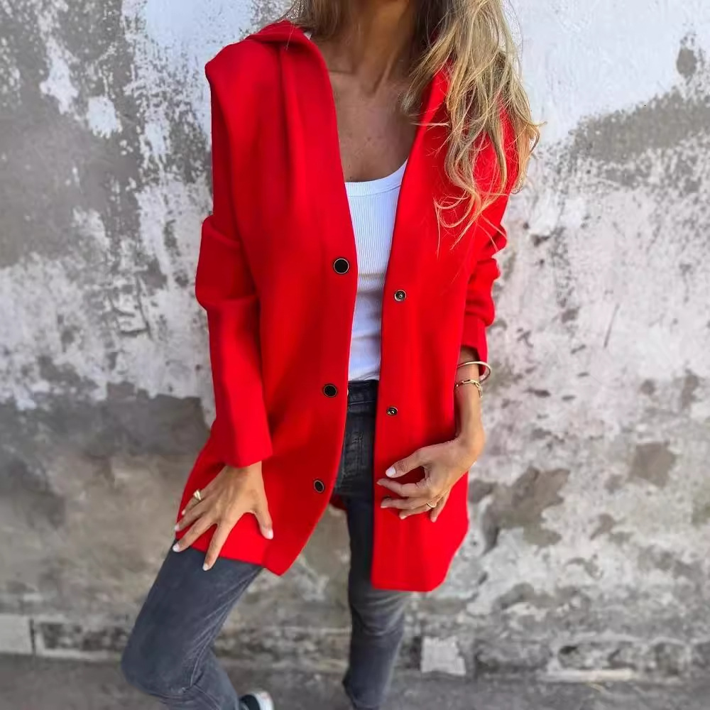 2025 Autumn Winter Solid Color Casual Single-Breasted Hooded Jacket Coat