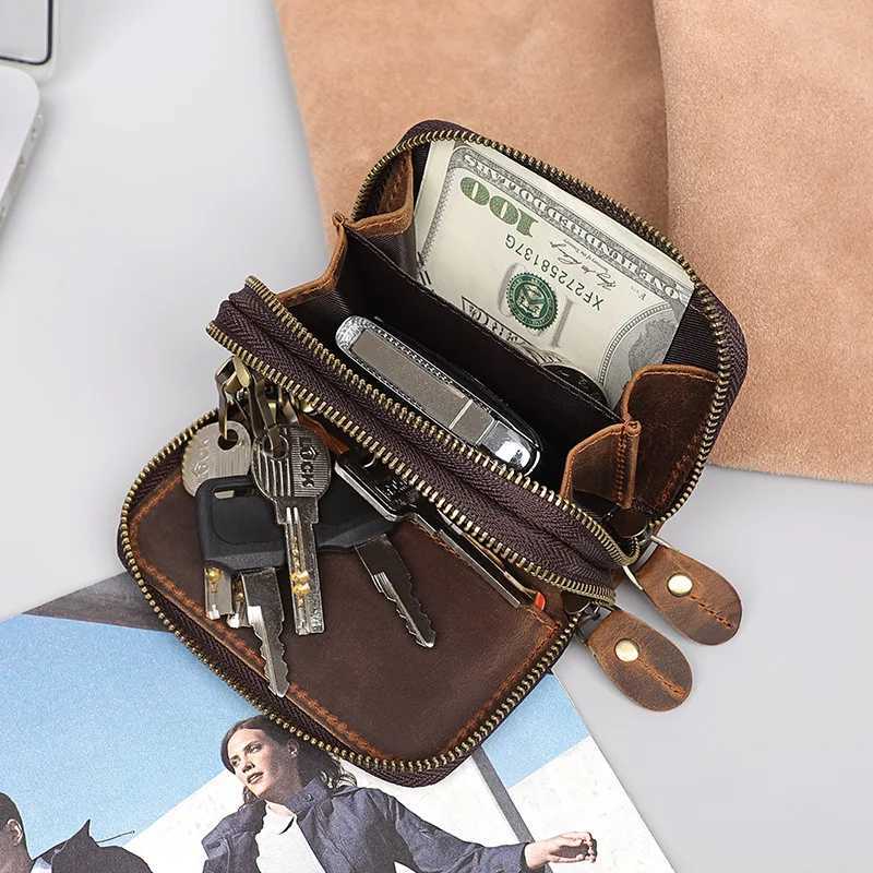 Double Zipper Crazy Horse Leather Retro Card Case Top Cowhide Coin Purse Car Key Keychain Holder with Hand Strap Clutch Bag Z251023