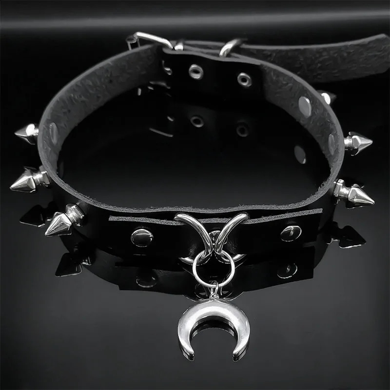 Punk Crescent Moon Harajuku Choker Goth Rivet Necklace Stainless Steel Pendant Pu Leather Chain Gothic Black Necklace Jewelry 251023